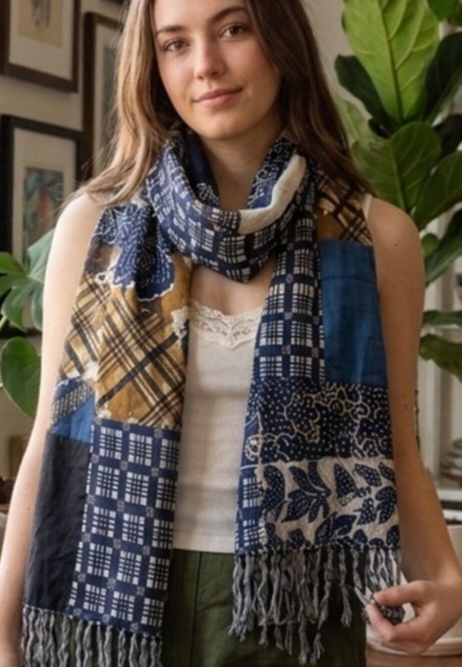 Patchwork/Multipattern Boho Silk Fringe Scarf